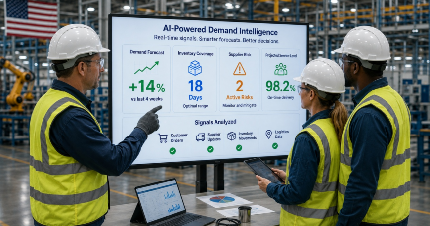 Manufacturing planners and supply chain professionals reviewing demand forecasts and operational data on a digital dashboard inside a modern manufacturing facility.