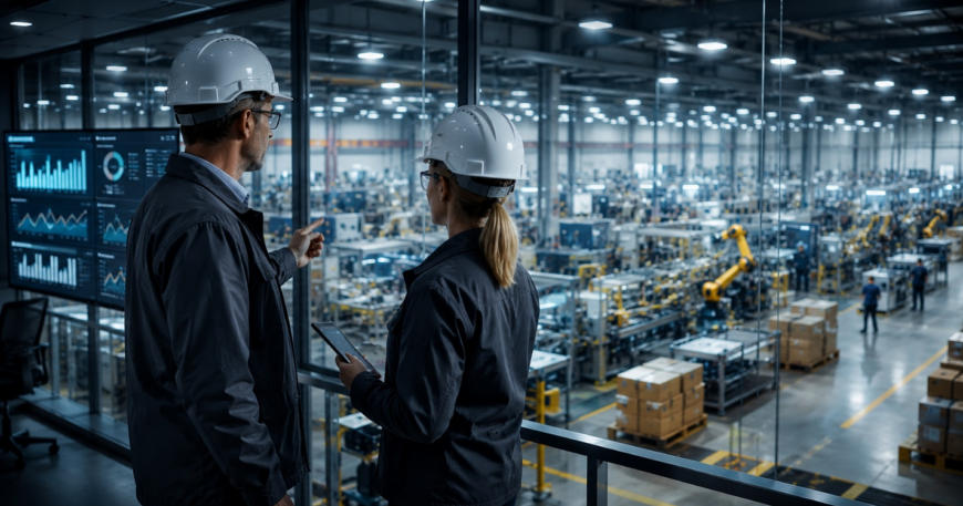 Two manufacturing professionals in safety gear overlooking a modern factory floor from an operations control room while monitoring production activity.