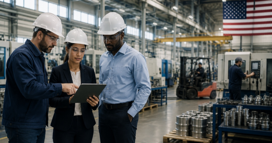 Manufacturing leaders reviewing production and financial performance in a modern factory environment.