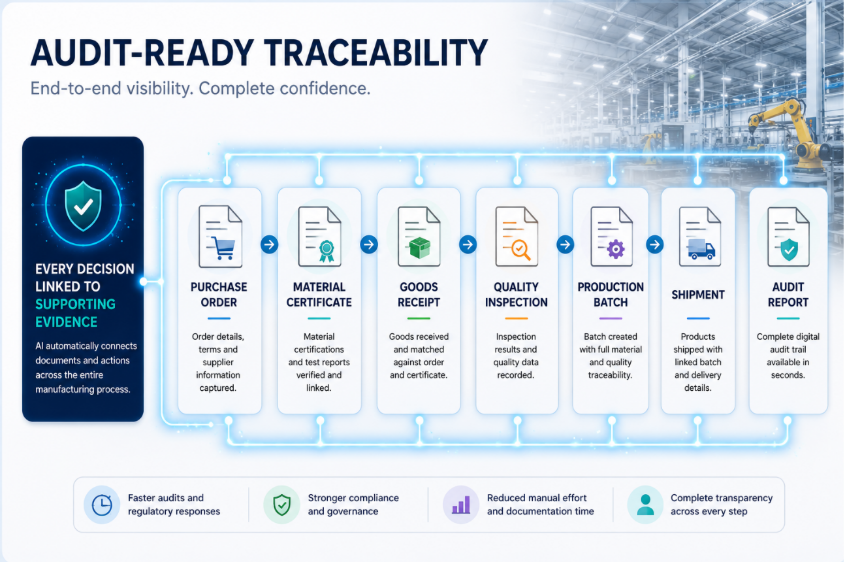 Audit-ready traceability diagram linking every operational decision — purchase order, material certificate, inspection, shipment — to a searchable audit trail