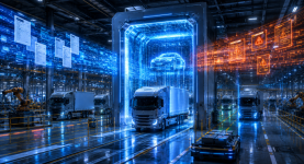 A high-tech digital shipping gate scanning transport trucks, illustrating automated gap analysis for manufacturing compliance.