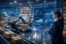 Omnichannel retail ecosystem visualization — illustrating connected commerce across retail stores, warehouses, e-commerce platforms, and last‑mile delivery, unified by glowing digital networks.
